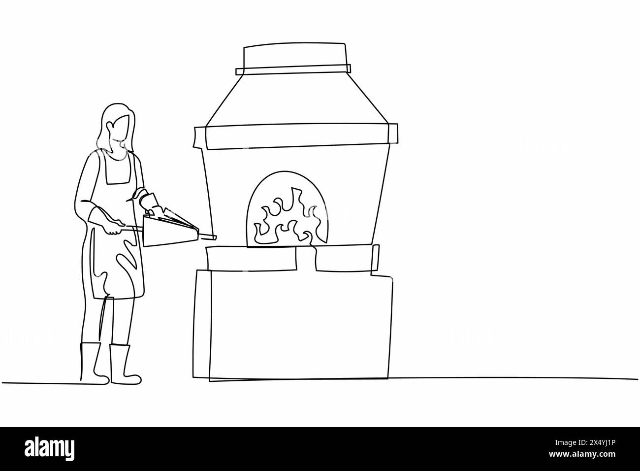 Ligne continue unique dessinant une femme forgeron debout portant un tablier, pompant des soufflets de forge. Ouvrier en métal à l'atelier de charbon de feu de four de travail. Illustration de Vecteur