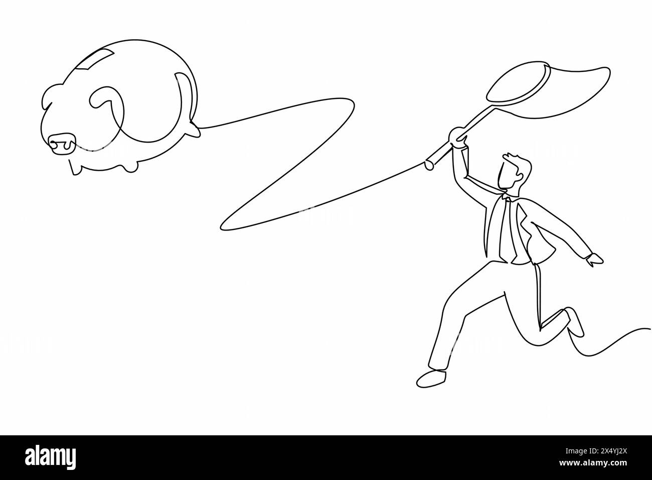 Continu une ligne dessinant homme d'affaires essayer d'attraper tirelire volante avec filet papillon. Économie d'argent pour l'investissement. Gestion financière, bouge Illustration de Vecteur