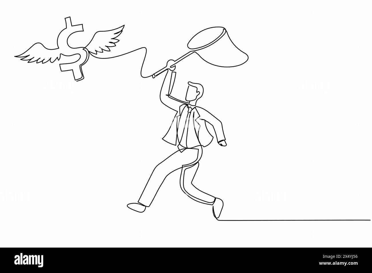 Simple ligne continue dessinant homme d'affaires essayer d'attraper le symbole de signe de dollar volant avec le filet de papillon. Finance, argent, opportunité. Crise économique. Illustration de Vecteur