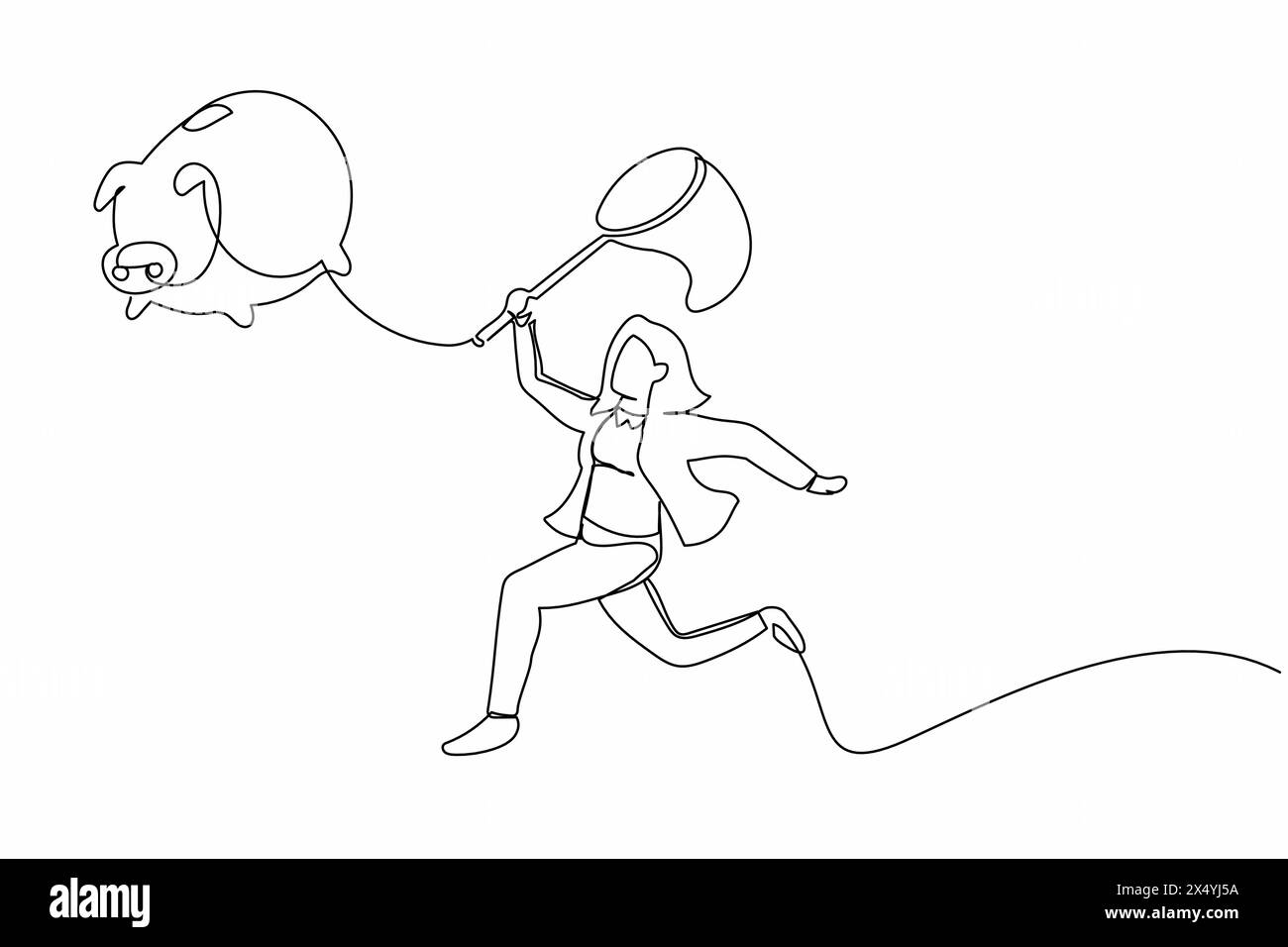 Continue d'une ligne dessinant la femme d'affaires essayer d'attraper la tirelire volante avec le filet papillon. Perte d'emploi. Aucun revenu. Économies perdues en raison du licenciement. Si Illustration de Vecteur