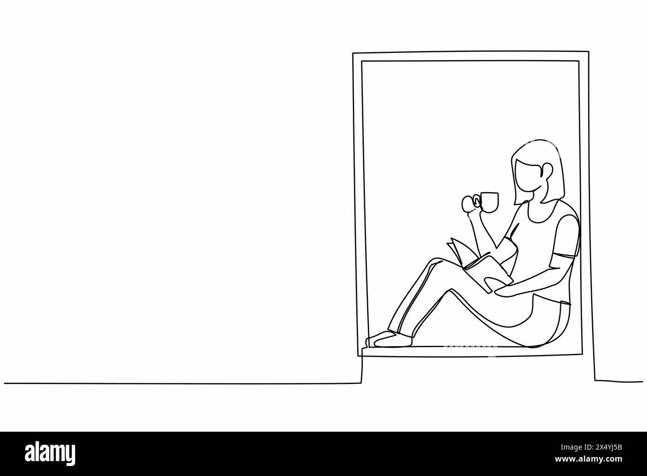 Continue d'une ligne dessinant la femme sur le rebord de la fenêtre livre de lecture avec tasse de café ou de thé chaud. Profitez de l'atmosphère du jour dans la fenêtre de la chambre. Reste à la maison. S Illustration de Vecteur
