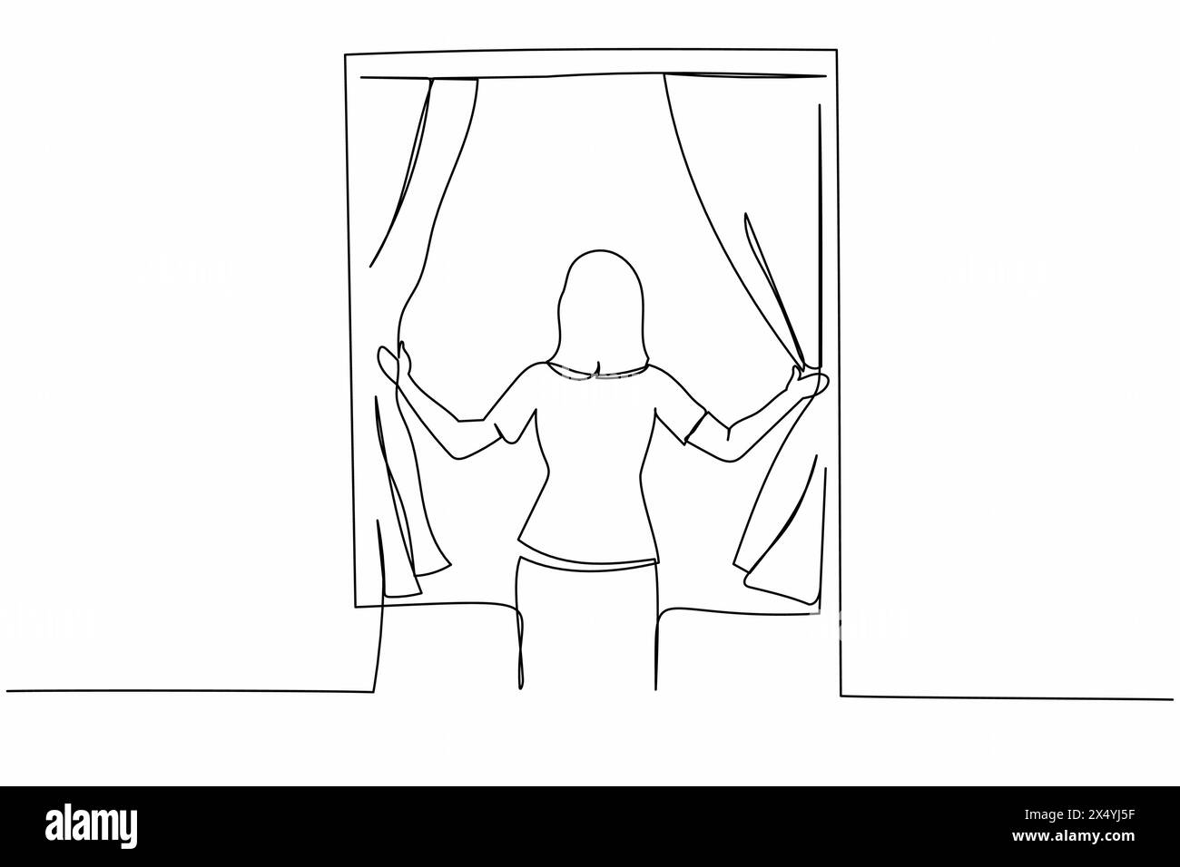 Vue arrière simple d'une ligne de dessin de jeune femme debout et ouvrant des rideaux de fenêtre. Concept de personne se réveiller le matin pour prendre l'air frais. Continuo Illustration de Vecteur