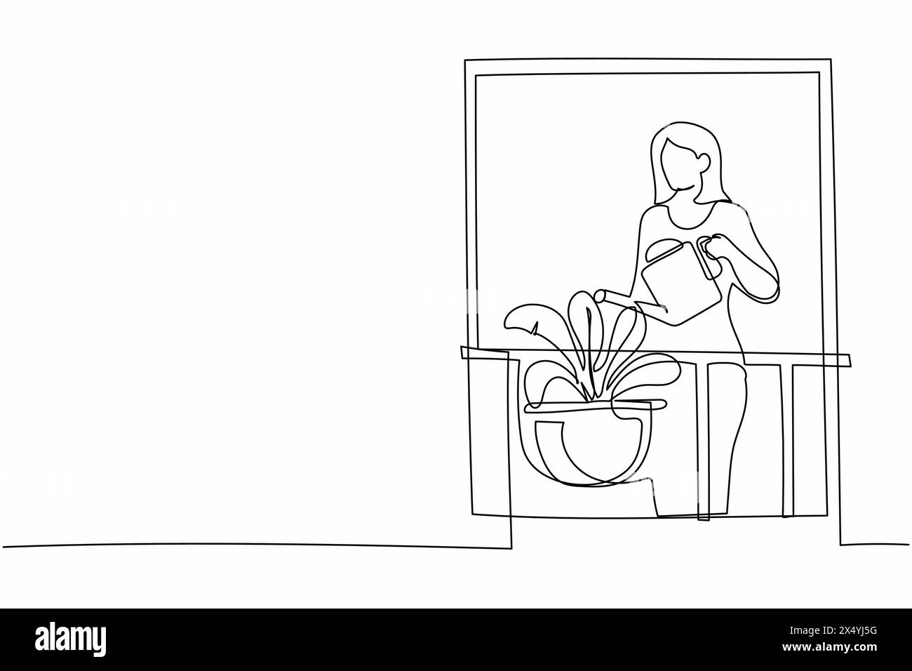 Continue d'une ligne dessinant une femme active arrosant des fleurs sur le balcon. Jeune dame faisant jardinage passe-temps favori. Jardin maison, plantes d'intérieur poussant Illustration de Vecteur