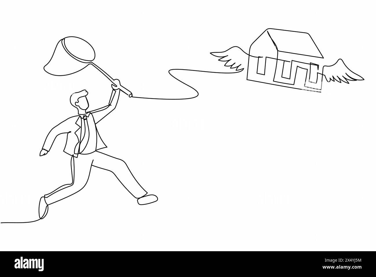 Simple homme d'affaires de dessin d'une ligne essayer d'attraper la maison volante avec le filet papillon. Hausses de prix du prêt immobilier ou de l'investissement immobilier. Contin Illustration de Vecteur