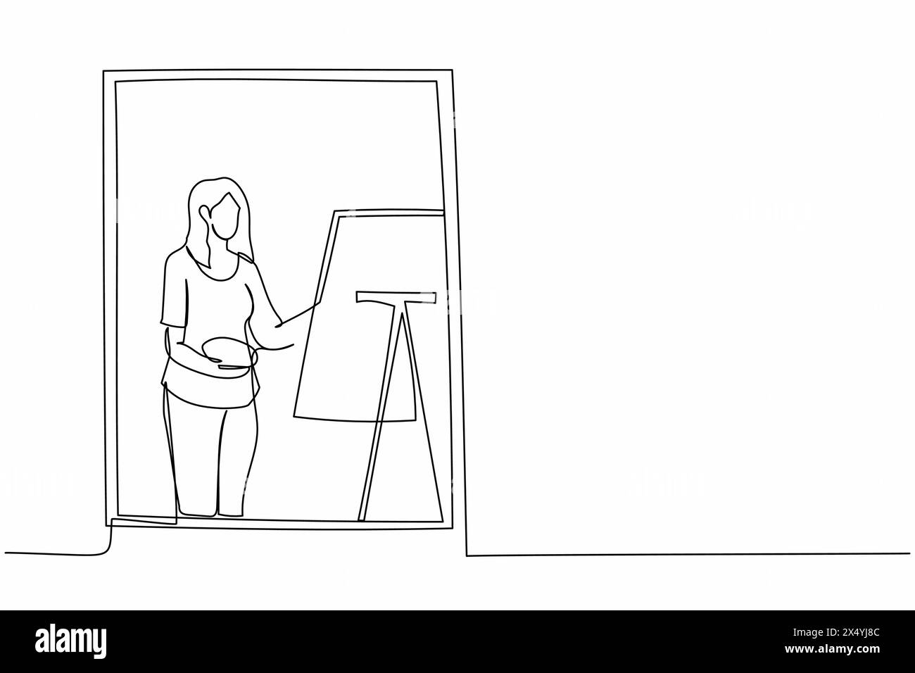 Simple dessin d'une ligne femme peintre dessinant à l'intérieur près de la fenêtre. Femme tenant pinceau et palette, esquissant sur toile. Artiste peignant à la maison Illustration de Vecteur