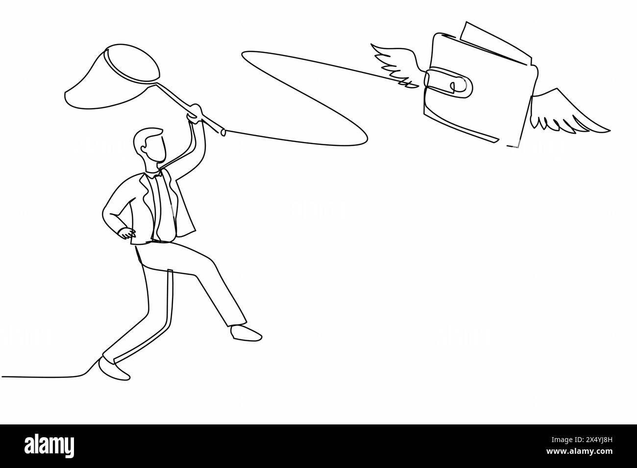Simple homme d'affaires de dessin d'une ligne essayer d'attraper le portefeuille volant avec filet papillon. Perdre de l'argent, dépenser, payer, gaspiller, de l'argent perdu, cons. financière Illustration de Vecteur