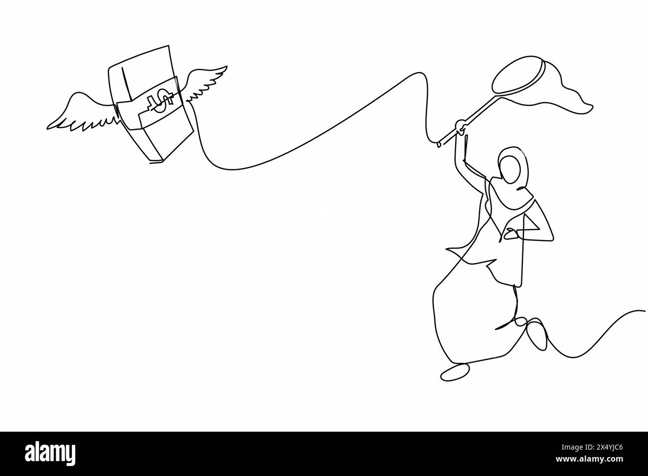 Une seule ligne continue dessinant malchanceuse femme d'affaires arabe essayer d'attraper la pile d'argent volant avec filet papillon. Perdre une opportunité commerciale ou de projet. Illustration de Vecteur