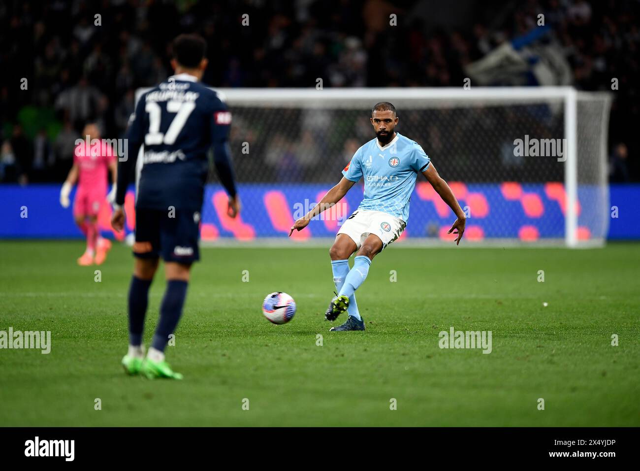 MELBOURNE, AUSTRALIE. 5 mai 2024. Photo : le défenseur de Melbourne, Samuel Souprayen (26), en action lors de la finale de l'élimination des ligues A Soccer, Melbourne Victory FC contre Melbourne City FC au parc AAMI de Melbourne. Crédit : Karl Phillipson/Alamy Live News Banque D'Images