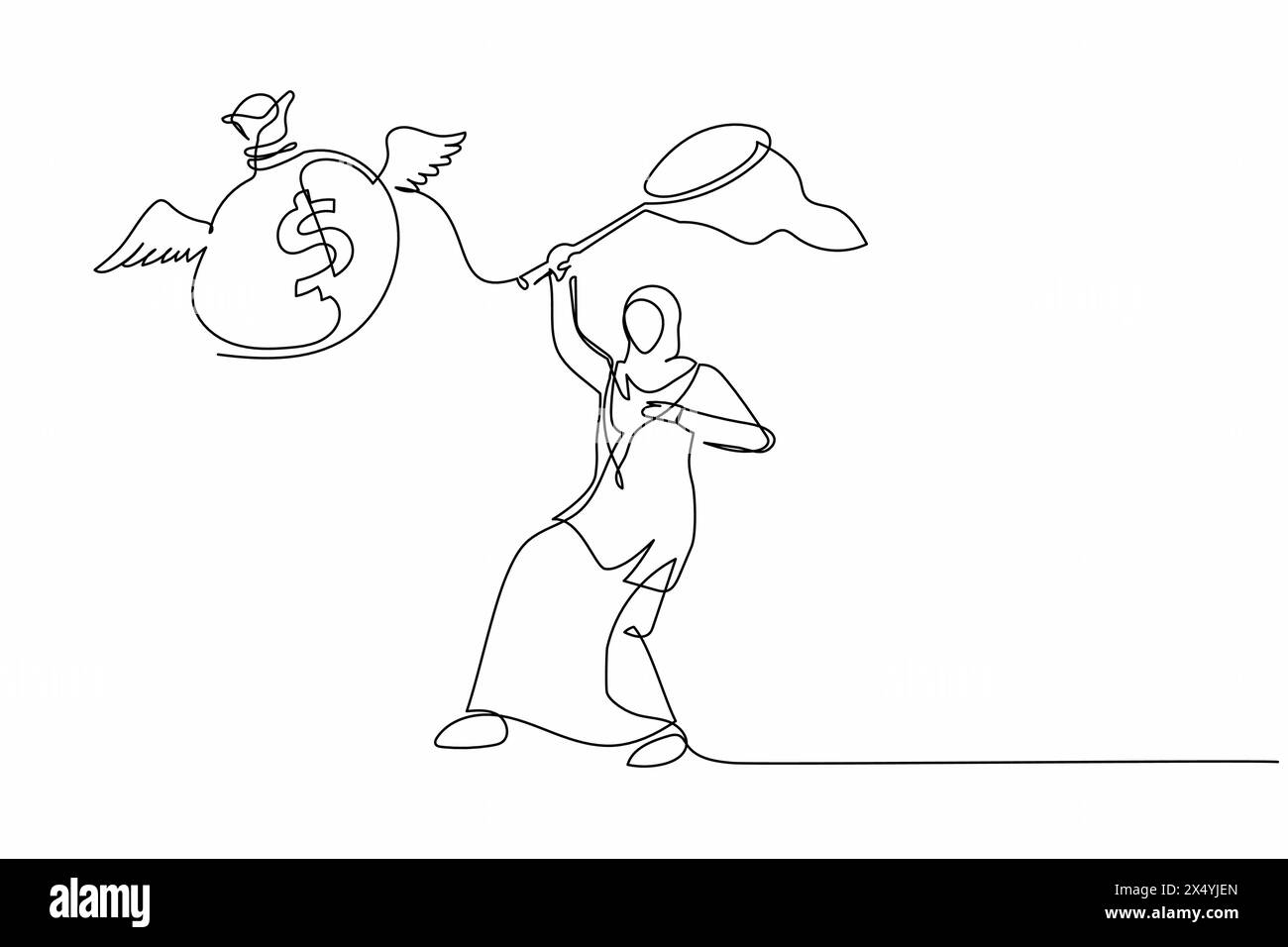 Continue une ligne dessinant une femme d'affaires arabe essayer d'attraper le sac d'argent volant avec filet papillon. Perdre le jackpot du projet d'entreprise. Emploi malchanceux Illustration de Vecteur
