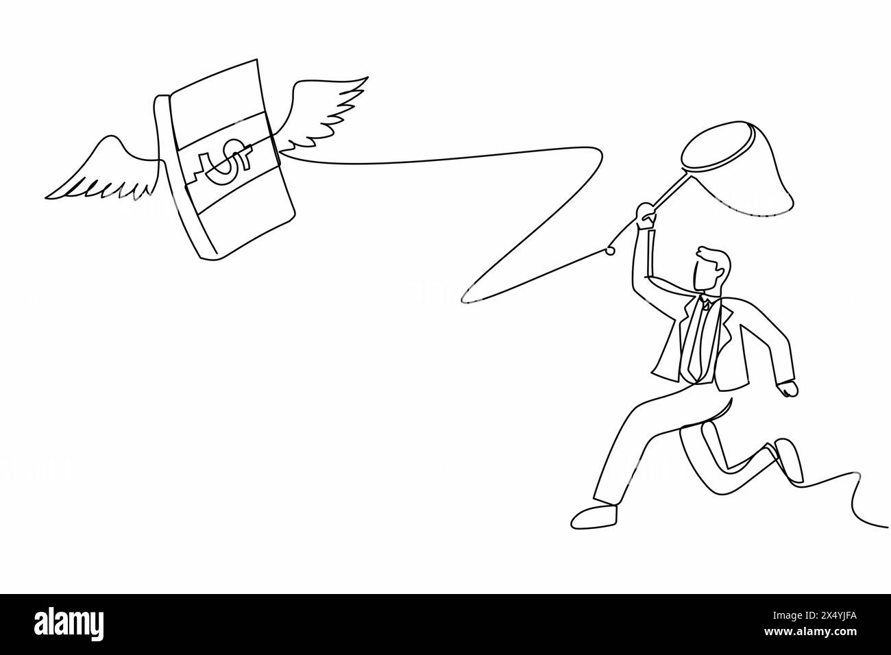 Continu une ligne dessinant homme d'affaires essayer d'attraper des piles d'argent volant avec filet papillon. Dépenses budgétaires, dépenses de facturation. Finance d'entreprise. Si Illustration de Vecteur