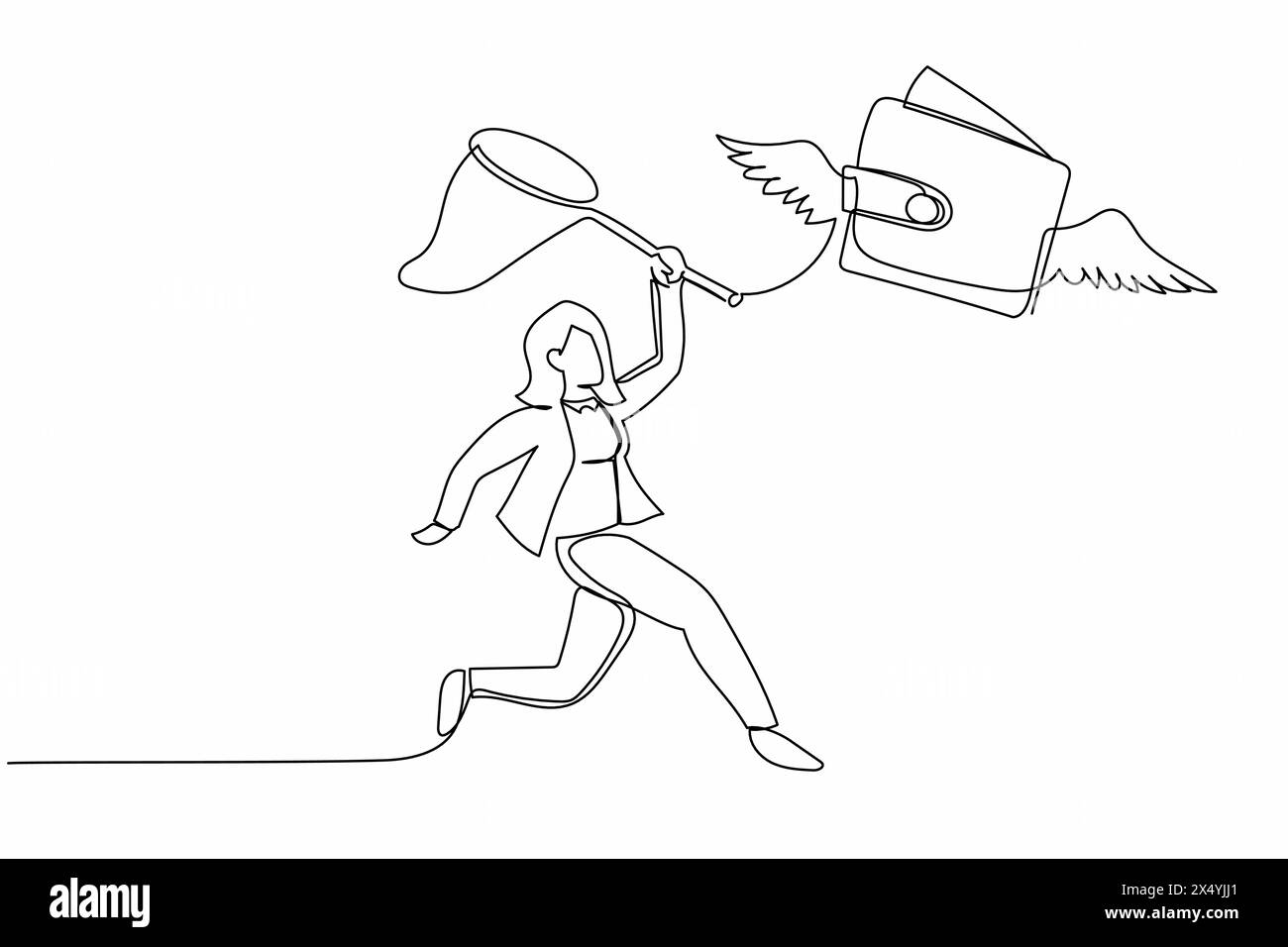 Simple une ligne dessinant la femme d'affaires essayer d'attraper le portefeuille volant avec le filet papillon. Perdre de l'argent en raison de la crise économique ou financière mondiale. Conti Illustration de Vecteur