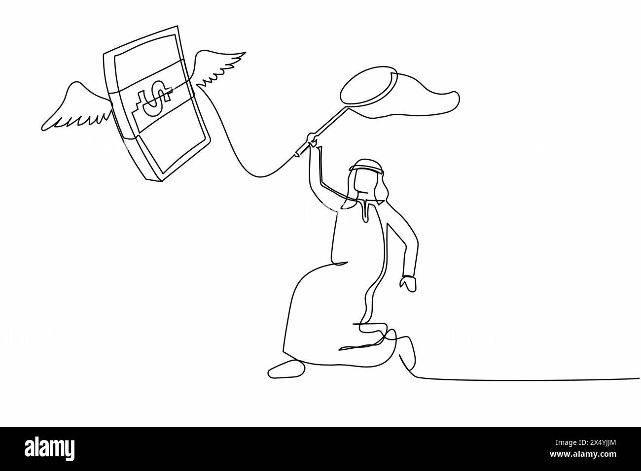 Simple ligne continue dessinant homme d'affaires arabe essayer d'attraper la pile d'argent volant avec filet papillon. Echec de l'augmentation du salaire au bureau. Méta. Métier Illustration de Vecteur
