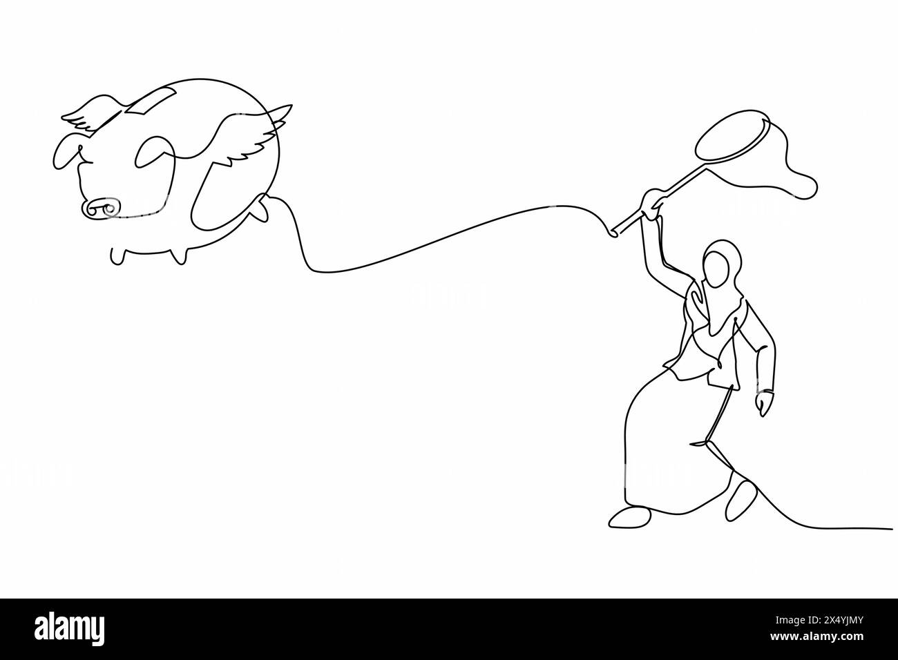 Une seule ligne continue dessinant une femme d'affaires arabe essaie d'attraper une tirelire volante avec un filet papillon. Économies futures perdues en raison de la crise économique. Illustration de Vecteur