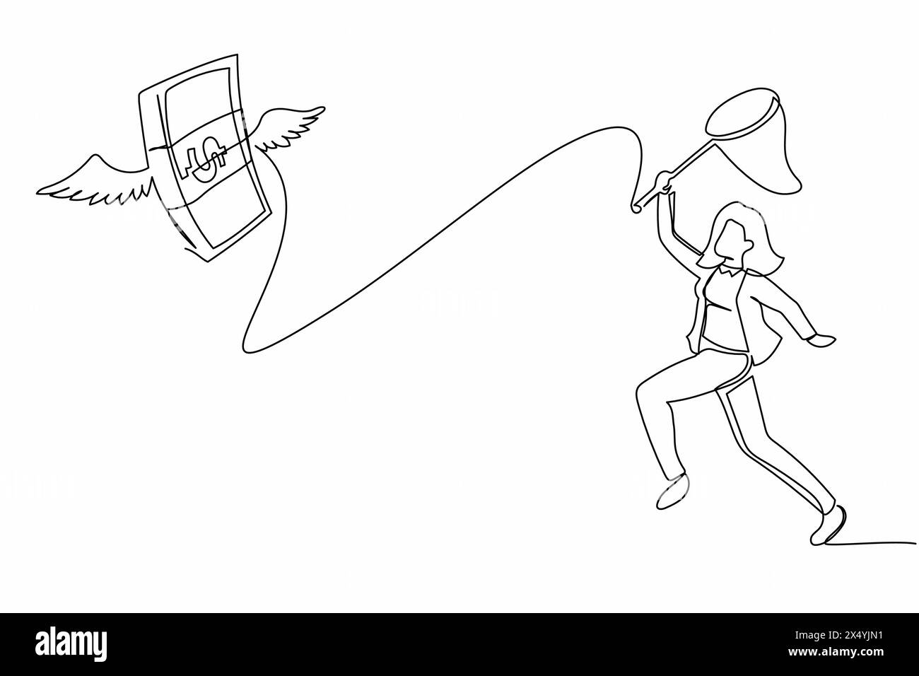 La femme d'affaires dessinant une ligne continue simple essaie d'attraper des piles d'argent volantes avec le filet papillon. Pile d'argent perdu. Echec de l'augmentation du salaire et des affaires Illustration de Vecteur
