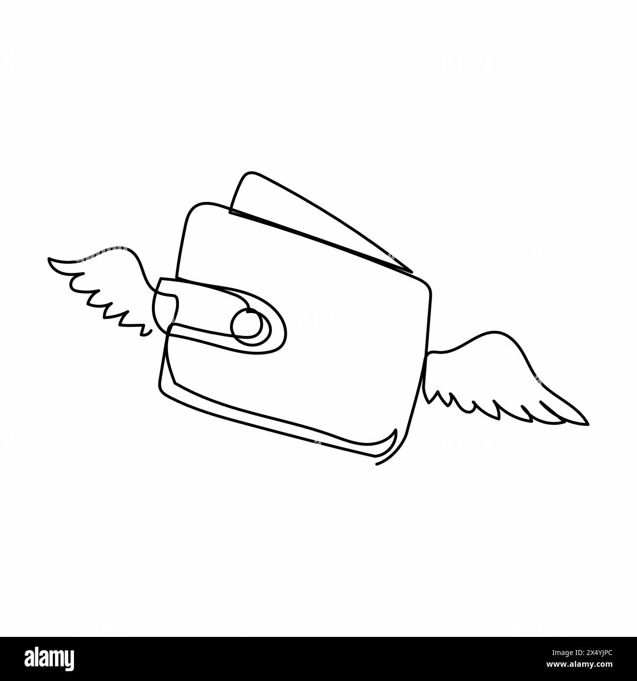 Portefeuille volant simple à une ligne dessinant avec des ailes. Perdre de l'argent, dépenser trop, faillite. Mascotte de logo de bourse ailée sur fond blanc. Continue moderne Illustration de Vecteur
