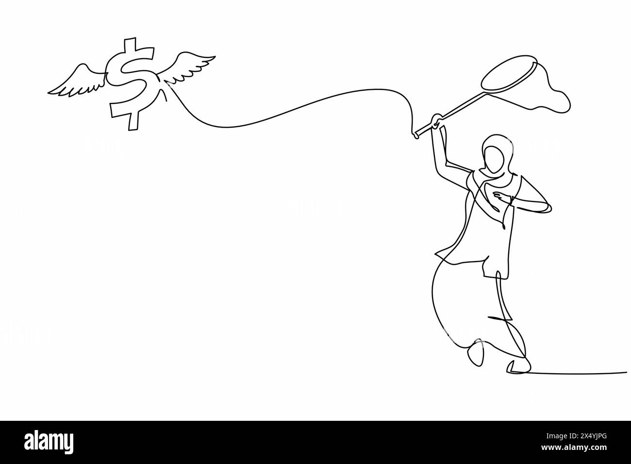 Une seule ligne continue dessinant une femme d'affaires arabe essaie d'attraper le symbole de dollar volant avec le filet de papillon. L'inflation du dollar provoque une hausse des prix. Illustration de Vecteur