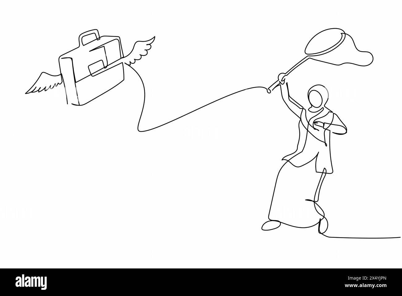 Continue une ligne dessinant une femme d'affaires arabe essayer d'attraper la mallette volante avec filet papillon. Perdre un emploi ou une entreprise de carrière de bureau. Crise mondiale Illustration de Vecteur