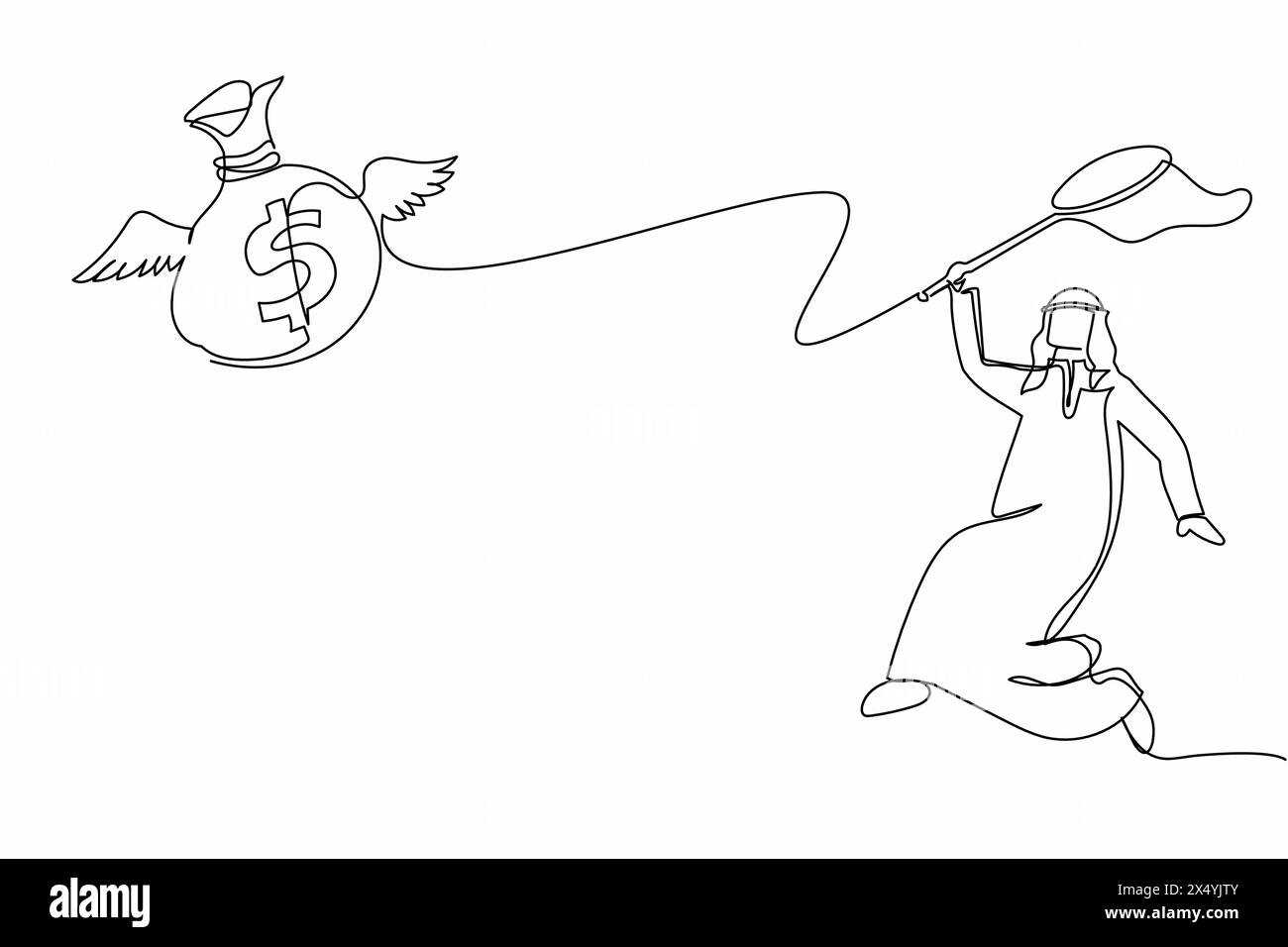Simple une ligne dessinant l'homme d'affaires arabe essayer d'attraper le sac d'argent volant avec filet papillon. Echec de l'obtention de la prime annuelle. Métaphore des affaires. Conti Illustration de Vecteur