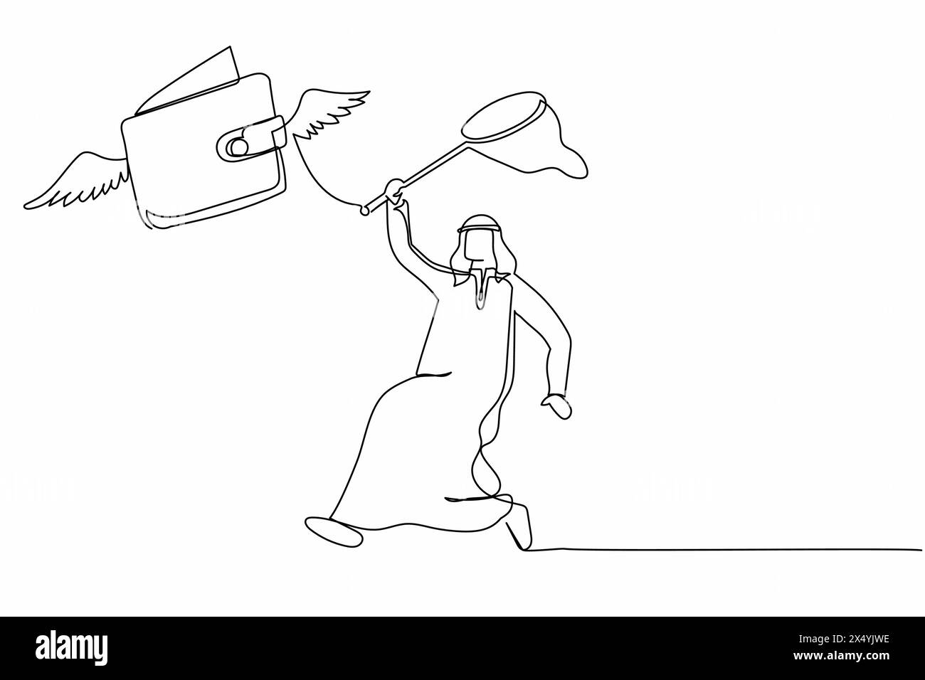 Simple ligne continue dessinant l'homme d'affaires arabe essayer d'attraper le portefeuille volant avec filet papillon. De l'argent de collation perdu sur la route. Métaphore des affaires. Illustration de Vecteur