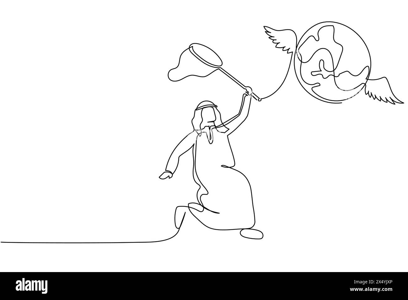 Continu une ligne dessinant l'homme d'affaires arabe essayer d'attraper le globe volant avec le filet papillon. N'a pas pu voyager autour du monde en raison de la pandémie. Si Illustration de Vecteur
