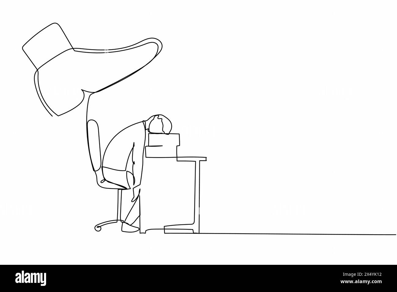 Dessin continu d'une ligne stressé homme d'affaires dormant sur une pile de papiers sous de gros coups de pied. Fatigué, épuisé, employé de bureau surchargé. Si Illustration de Vecteur