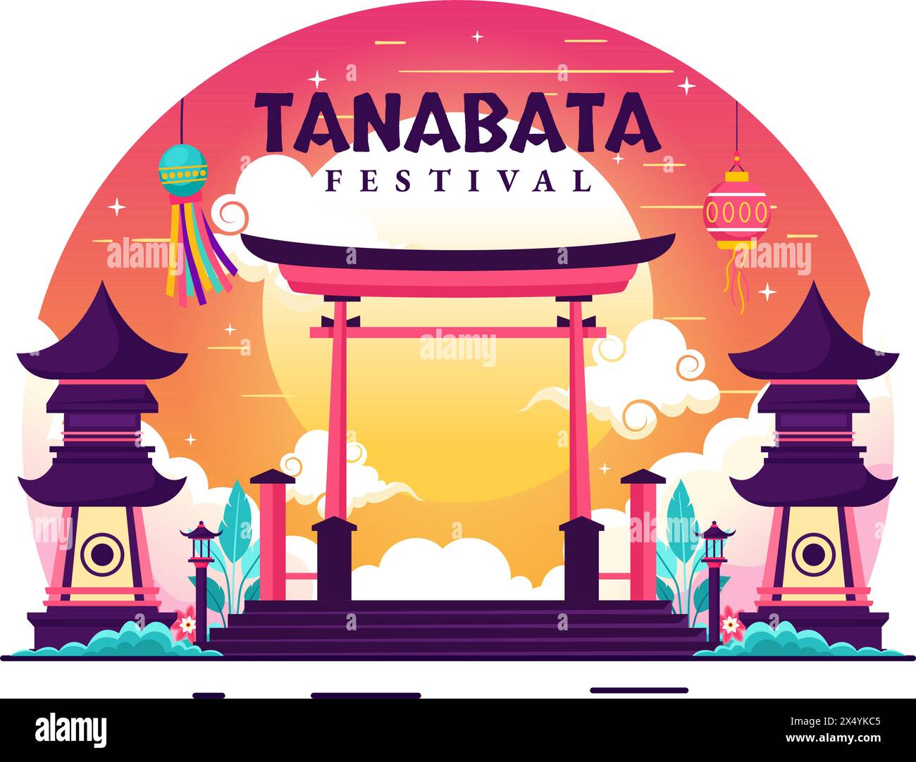 Tanabata Japan Festival illustration vectorielle avec des gens portant des fleurs de Kimono et de pivoines dans le fond de dessin animé mignon plat des fêtes nationales Illustration de Vecteur