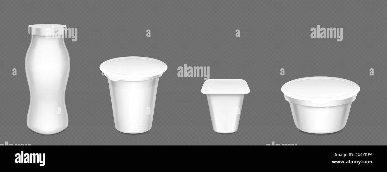 Maquette de tasse et de bouteille de yogourt blanc. Ensemble réaliste d'illustration vectorielle 3d d'emballage en plastique et de récipient pour produits laitiers avec couvercle et dessus de feuille. Gabarit vierge d'emballage en pot de produits laitiers. Illustration de Vecteur