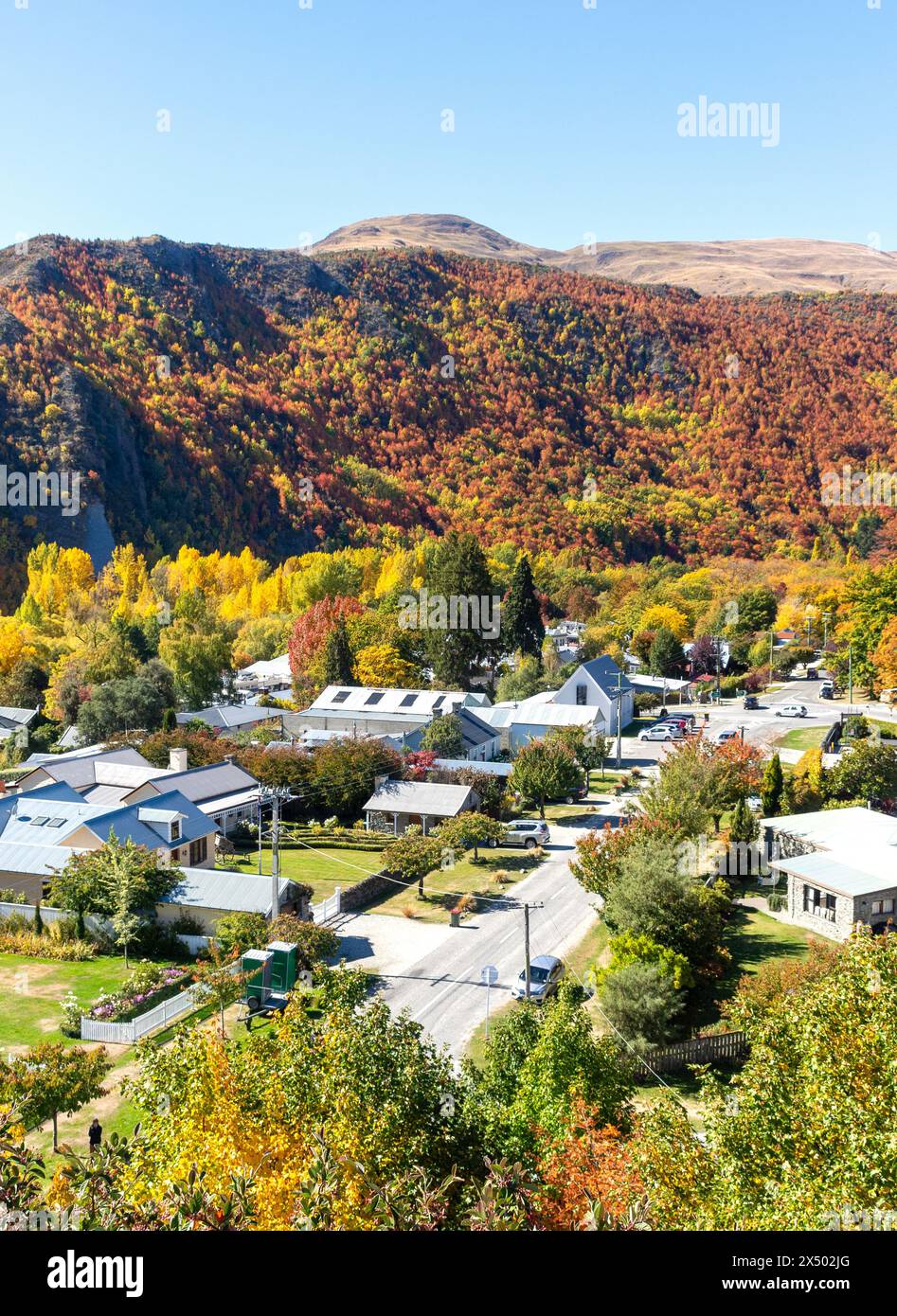 Vue de la ville en automne de Feehly Hill Scenic Reserve, Arrowtown, Otago, South Island, Nouvelle-Zélande Banque D'Images