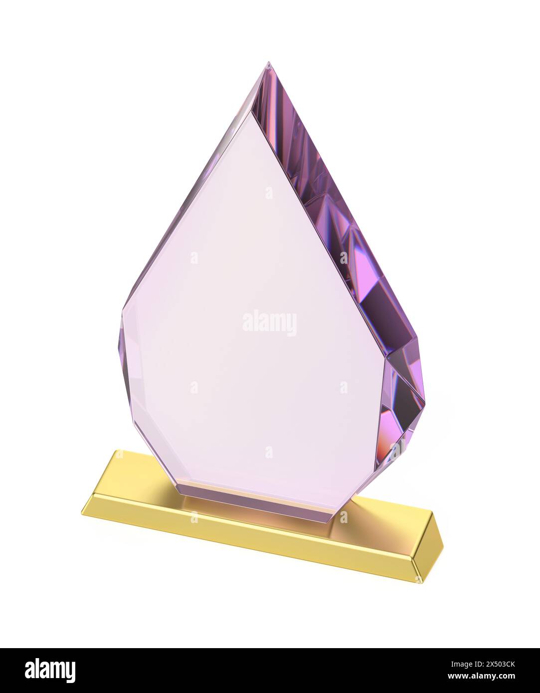 Récompense en verre violet en forme de flèche sur base dorée Banque D'Images
