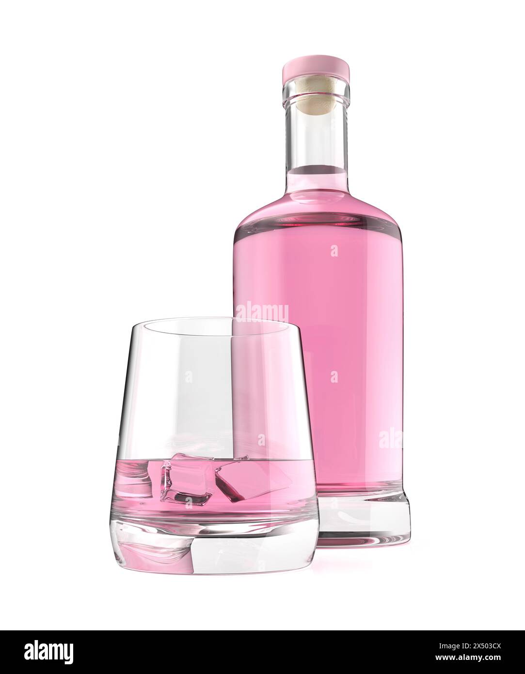 Bouteille en verre et un verre de gin rose ou de vodka sur fond blanc Banque D'Images