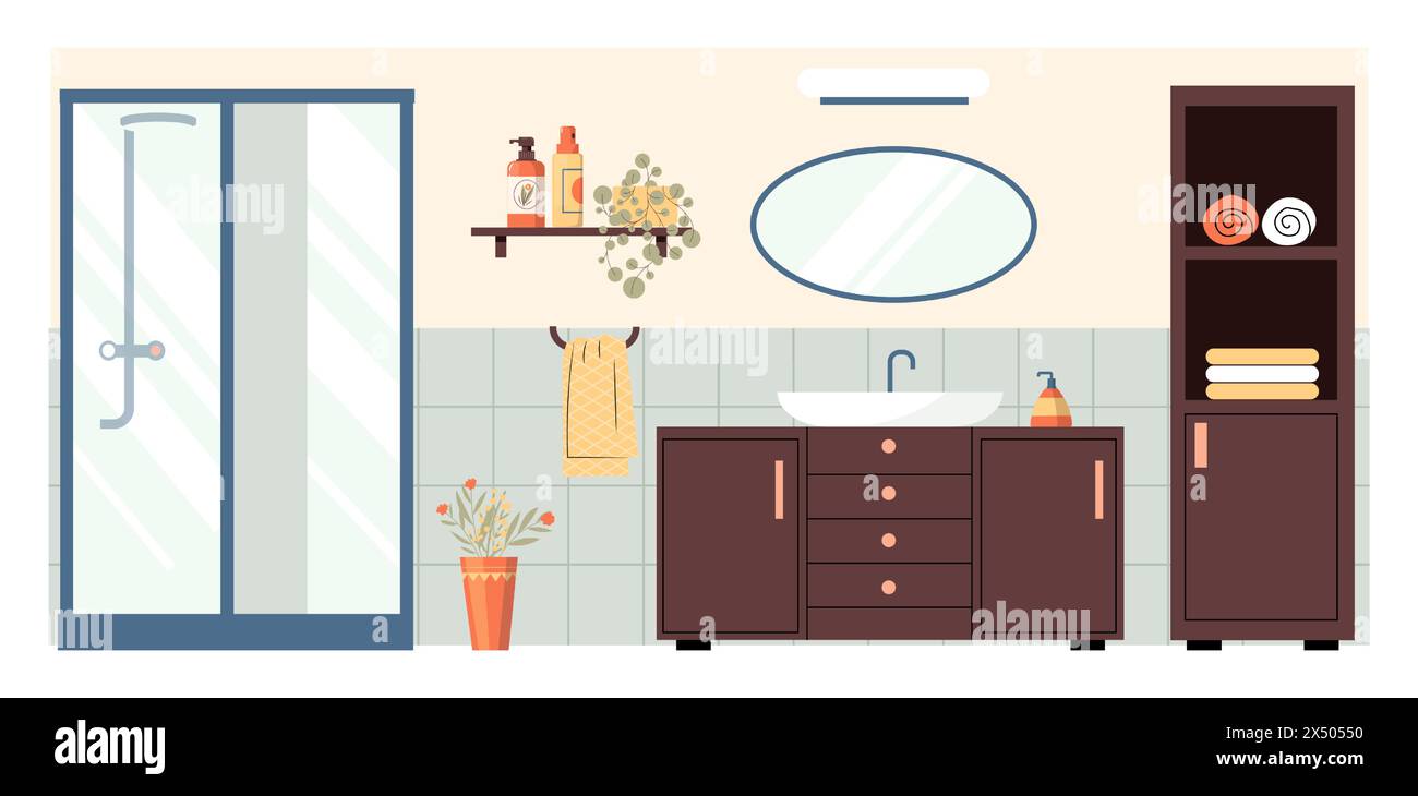 Intérieur de salle de bain de dessin animé pour appartement design plat Illustration de Vecteur