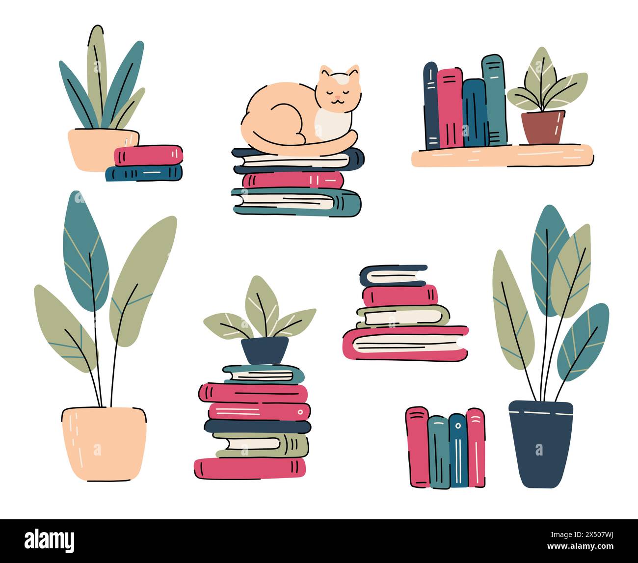 Les livres définissent des icônes dans la conception de dessin animé plat. Piles de livres pour la lecture, pile de manuels pour l'éducation, chat de livres. Illustration vectorielle Illustration de Vecteur