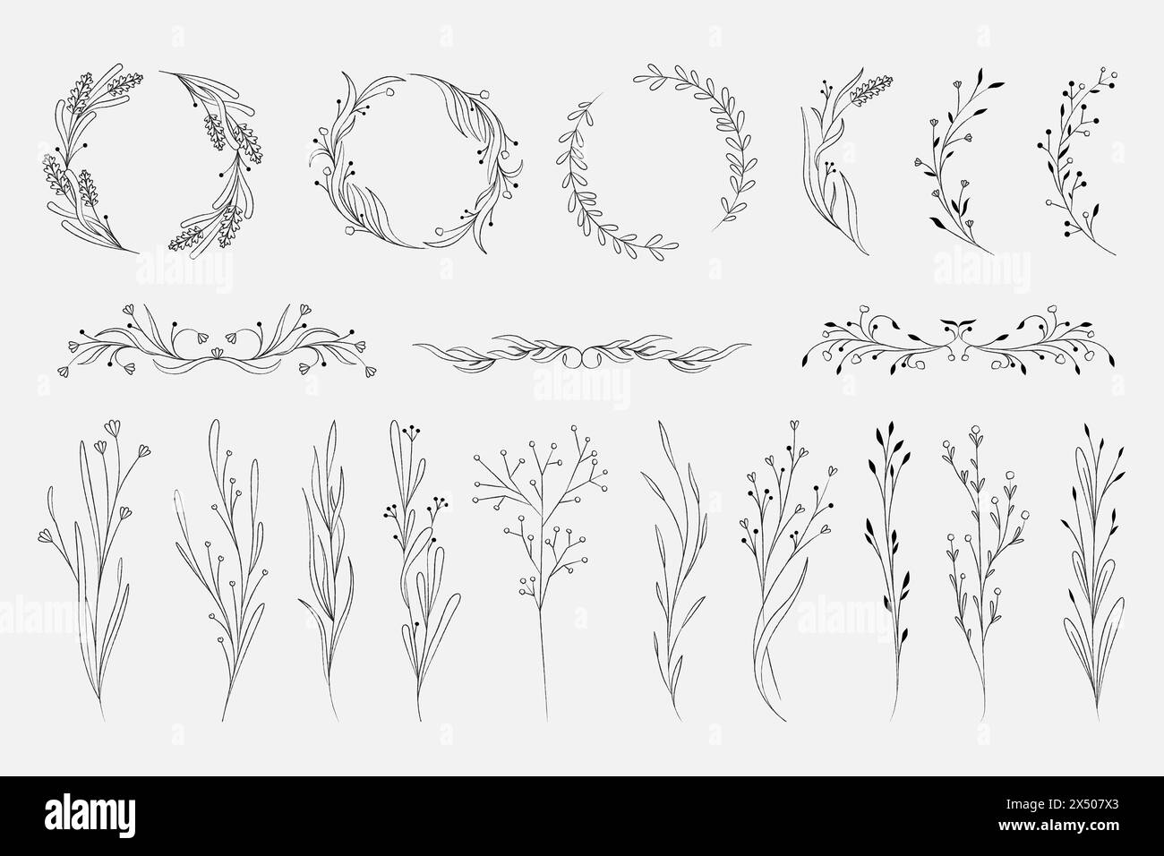 Décoration botanique élégante. Cadre floral minimaliste et bordure monogramme, couronne organique et éléments ornementaux en cercle. Ensemble isolé de vecteur Illustration de Vecteur