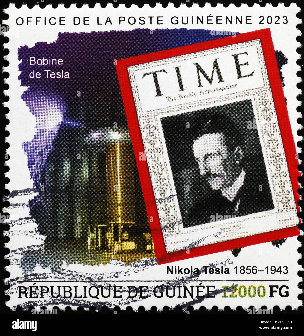 Couverture du magazine Time avec Nikola Tesla sur timbre-poste Banque D'Images