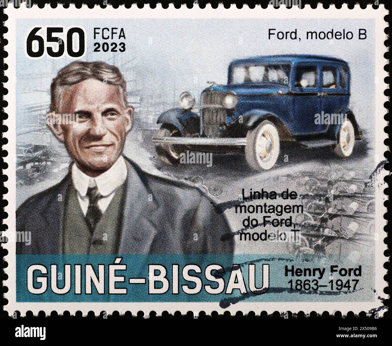 Henry Ford et voiture vintage modèle B sur timbre-poste Banque D'Images