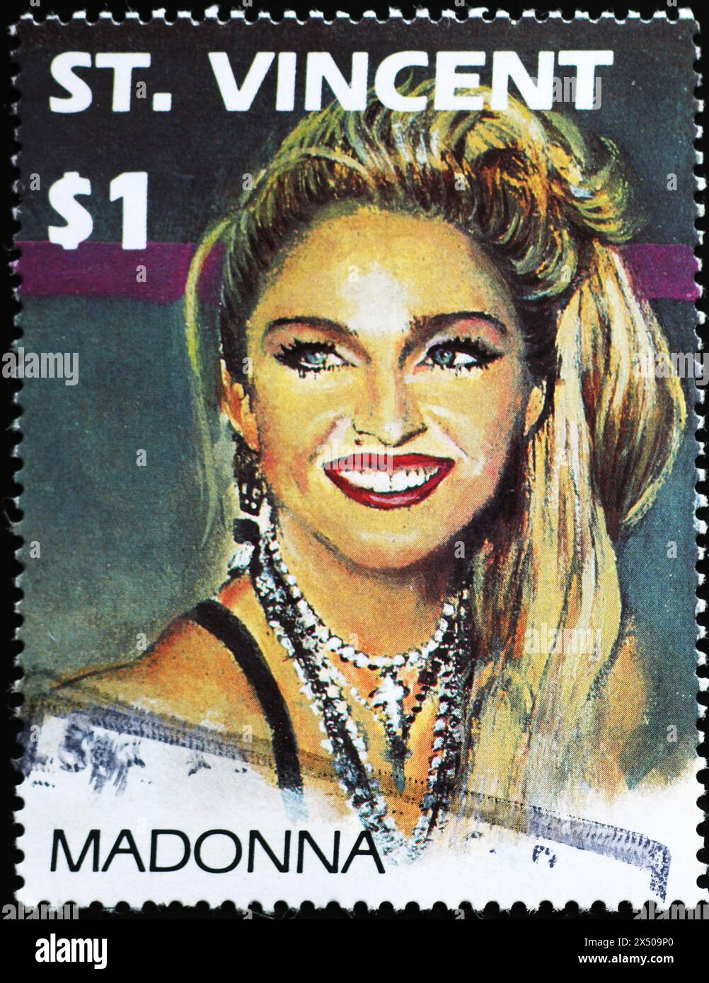 Chanteuse Madonna sur timbre de Saint Vincent Banque D'Images