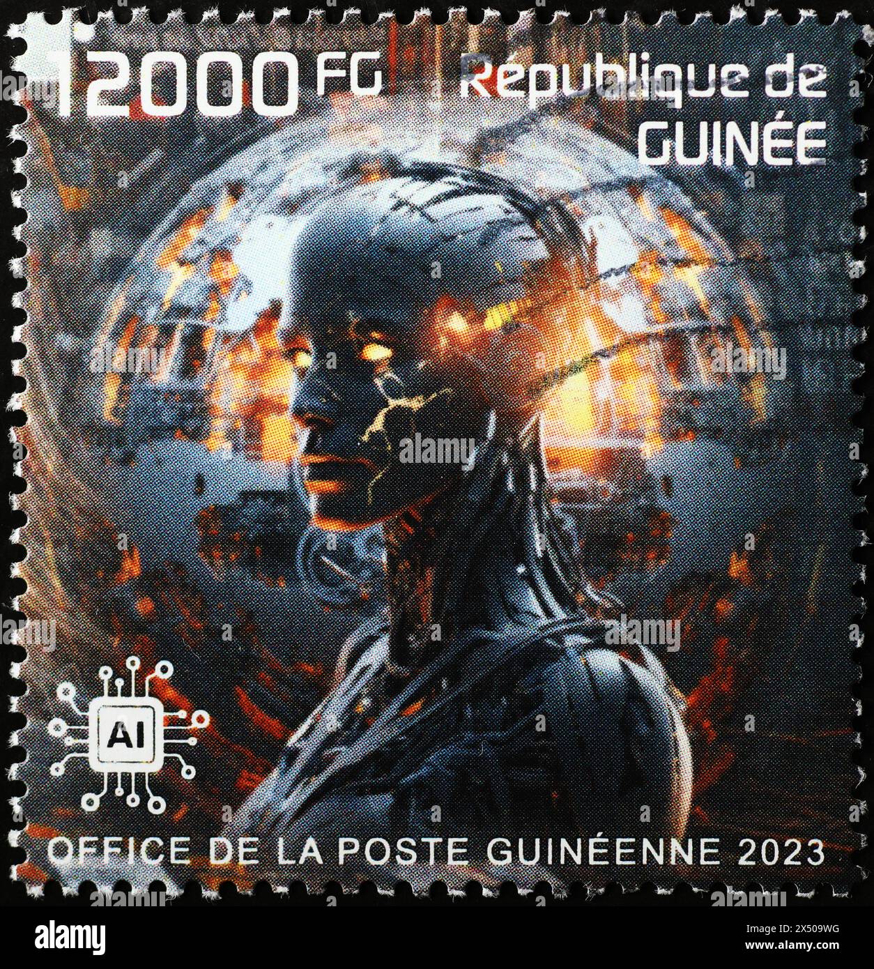 Intelligence artificielle interprétée avec une illlustration sur timbre de Guinée Banque D'Images