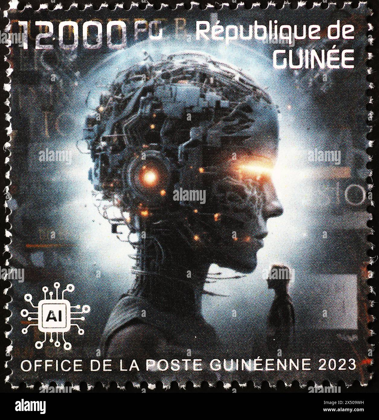 Intelligence artificielle interprétée avec une illlustration sur timbre Banque D'Images
