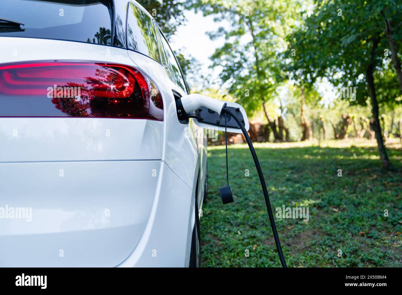 Gros plan de la prise électrique de la voiture avec un câble de charge connecté sur fond vert. Banque D'Images