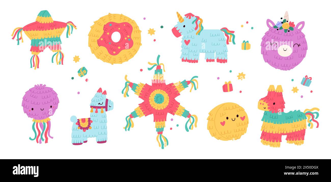 Vacances pinatas mexicaines. Fête d'anniversaire enfants accessoires colorés. Contenants en papier contenant des bonbons ou des confettis. Formes animales mignonnes. Jouets de carnaval. Rayure Illustration de Vecteur