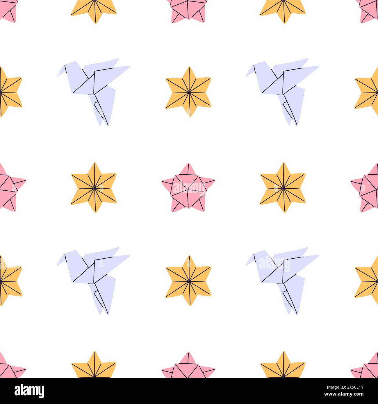 Motif sans couture d'origami de dessin animé. Oiseaux et étoiles en papier plié. Grue japonaise. Impression répétée. Symbole d'amitié et de bonne chance. Roue à épingles faite à la main. GE Illustration de Vecteur