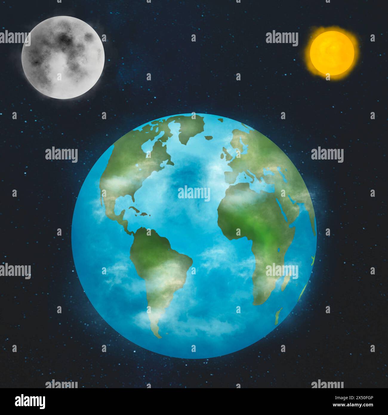 Composite généré numériquement de la planète Terre, du soleil et de la lune dans l'espace Banque D'Images