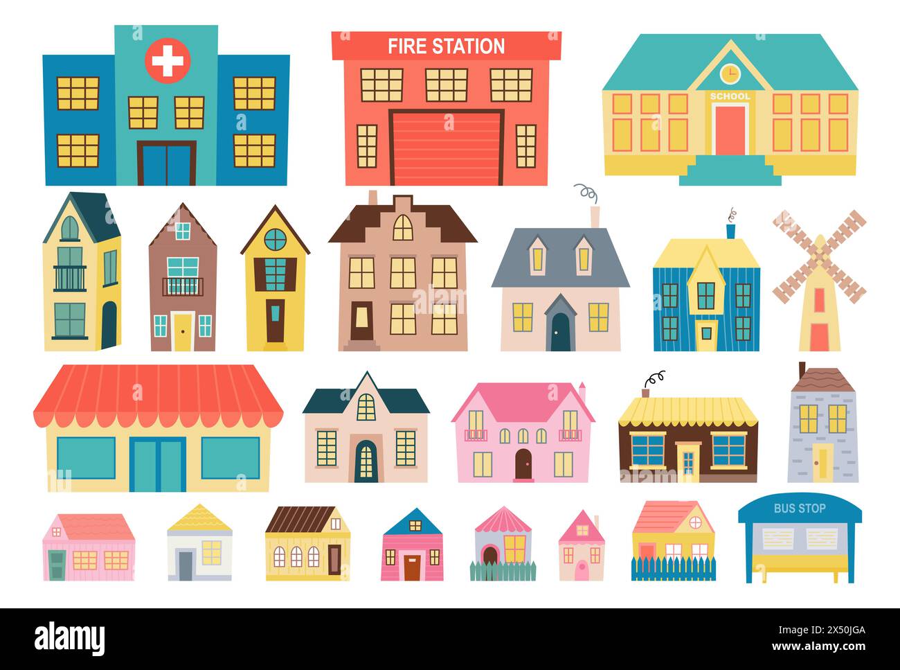 ensemble de maisons de style plat Illustration de Vecteur