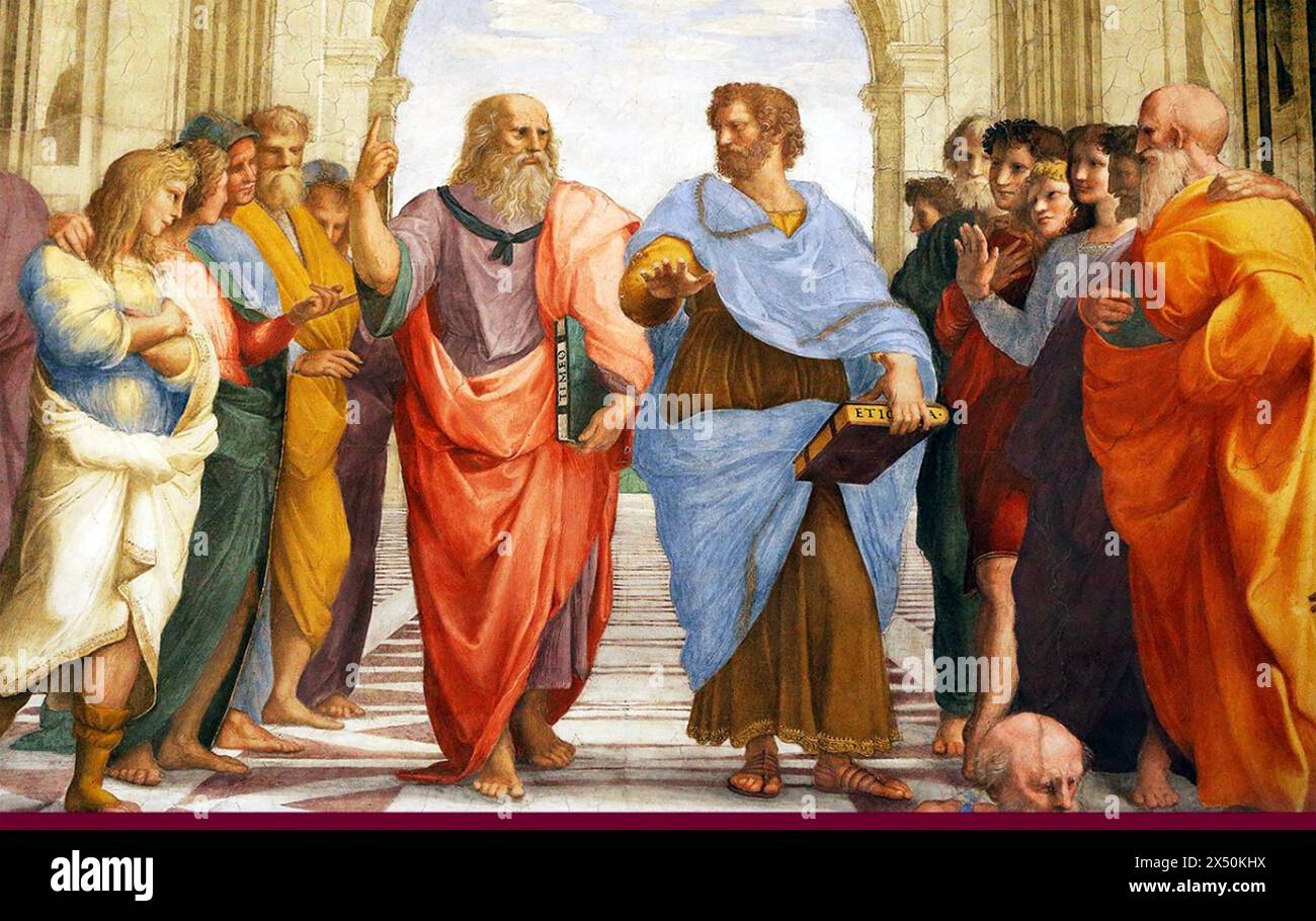 L'ÉCOLE D'ATHÈNES par Raphaël. Détail de la peinture dans le Palais apostolique, Cité du Vatican, montrant Platon à gauche en discussion avec Aristote Banque D'Images