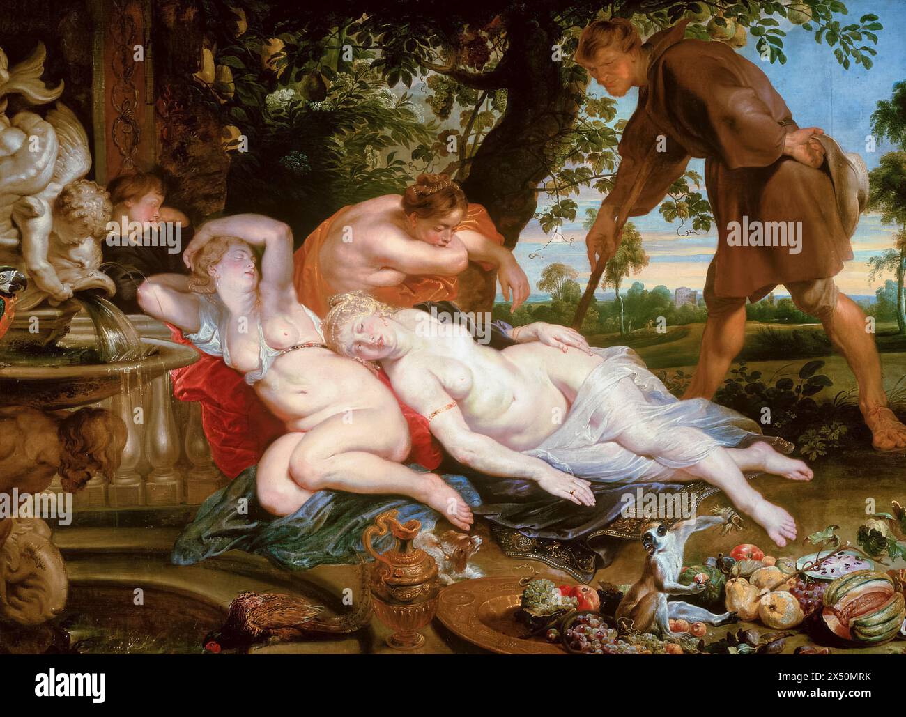 Cimon et Iphigénie, peinture à l'huile sur toile de Peter Paul Rubens, Frans Snyders (nature morte avec singes) et Jan Wildens (paysage), vers 1617 Banque D'Images