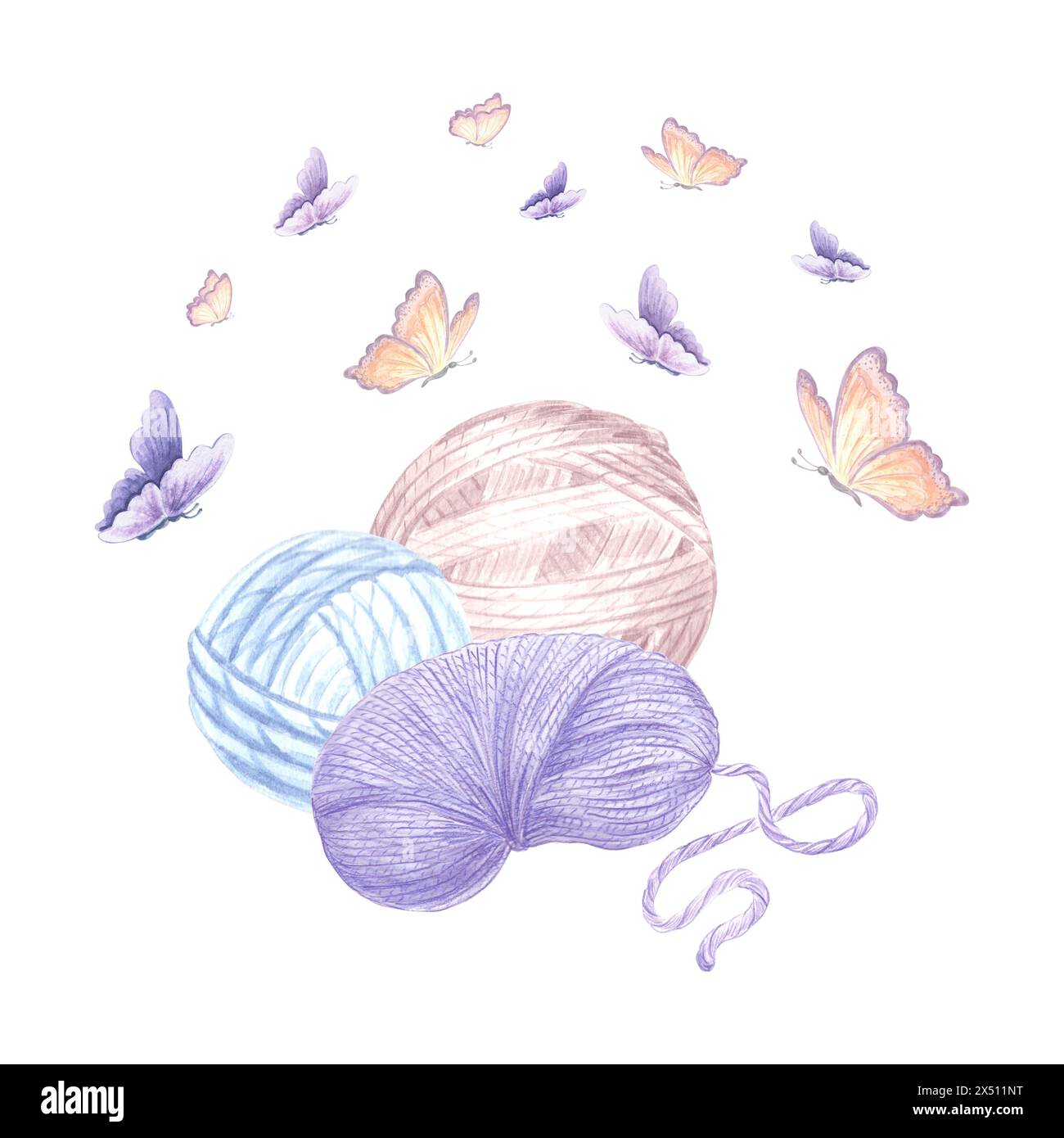 Les papillons flottent sur des écheveaux de fils. Laine, fil de coton. Illustration d'aquarelle dessinée à la main tricoter sur des aiguilles. Modèle isolé pour carte, kni Banque D'Images