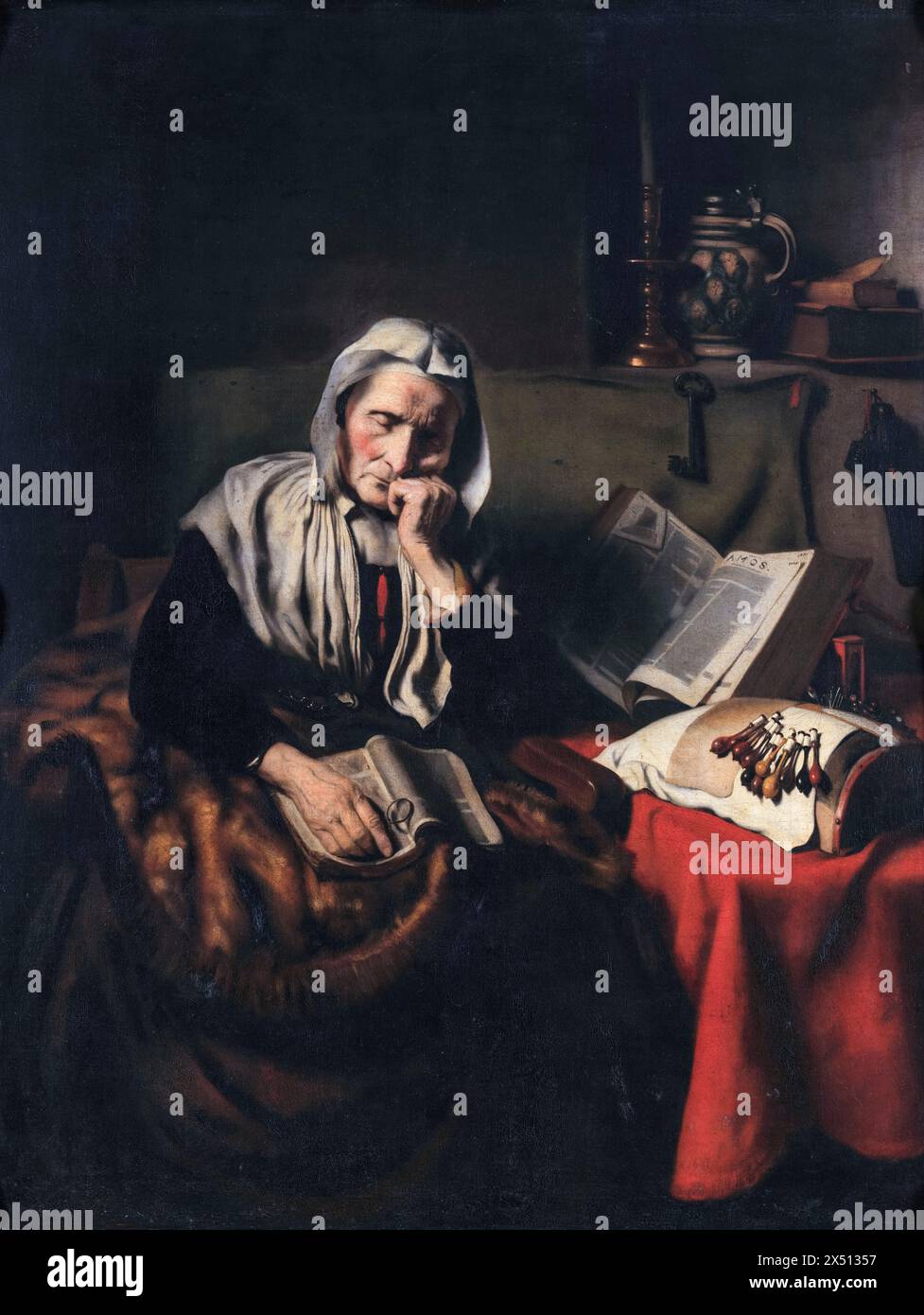 Nicolaes Maes, vieille femme Dozing, portrait peint à l'huile sur toile, vers 1656 Banque D'Images