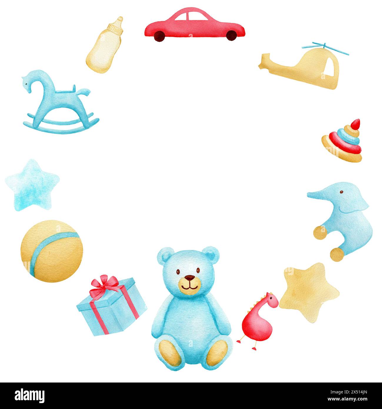 Composition ronde d'aquarelle avec ours en peluche bleu, balle, étoiles et jouets sur fond blanc. Joli bébé illustration dessinée à la main pour la salutation d'anniversaire c Banque D'Images