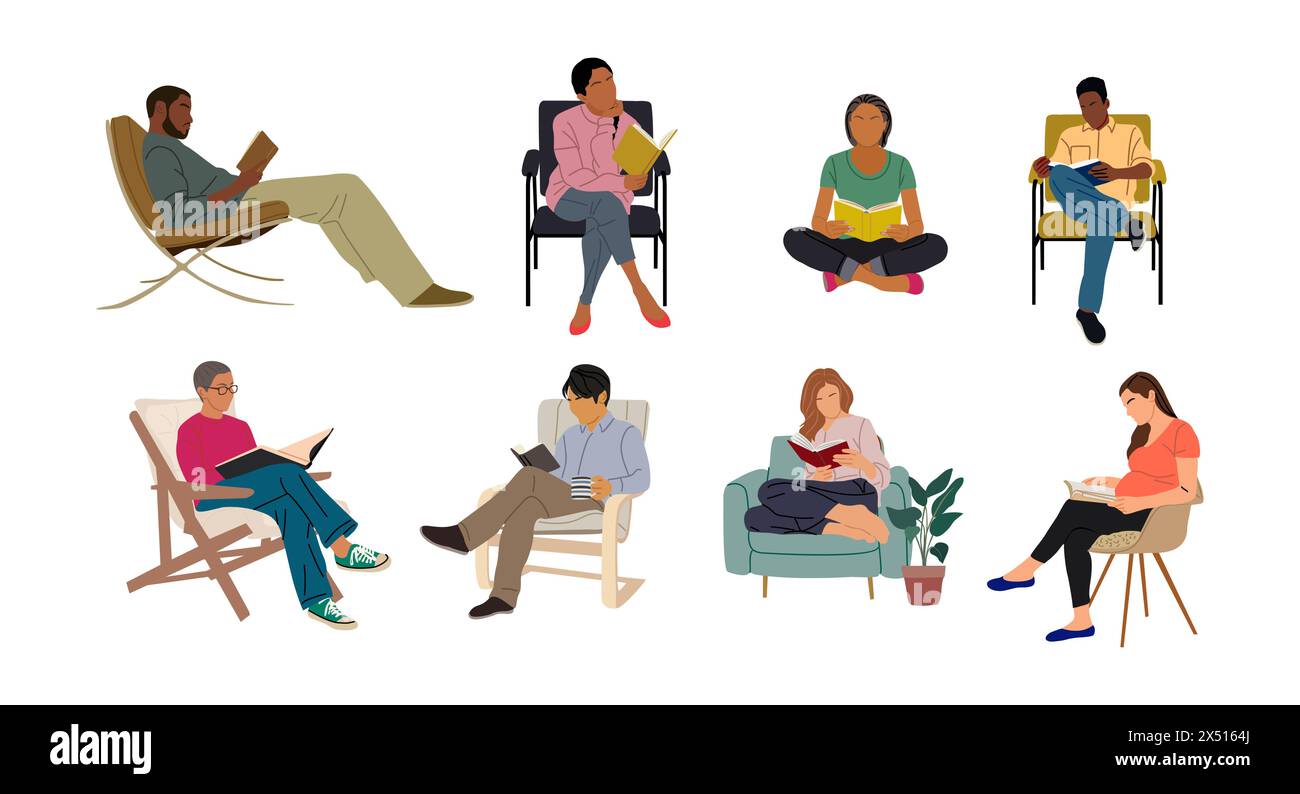 Ensemble de personnes différentes, hommes, femmes lisant le livre Illustration de Vecteur
