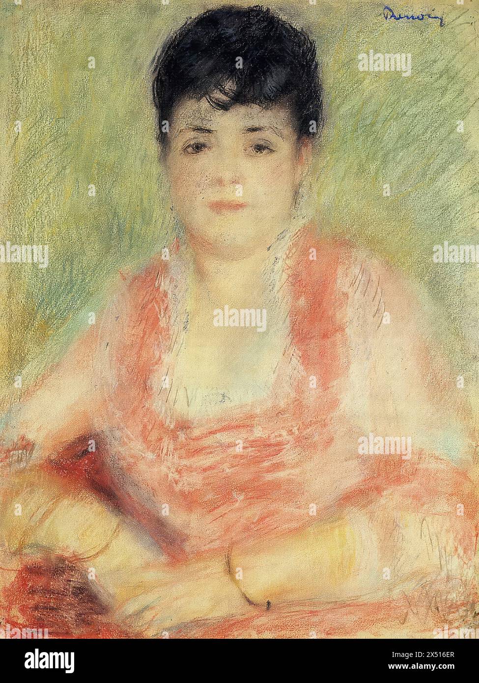 Renoir peinture - Portrait dans une robe rose femme Banque D'Images